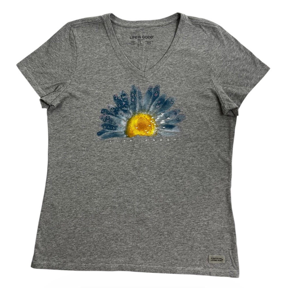 Life Is Good Watercolor Daisy Vee T-shirt Women’s Large Gray